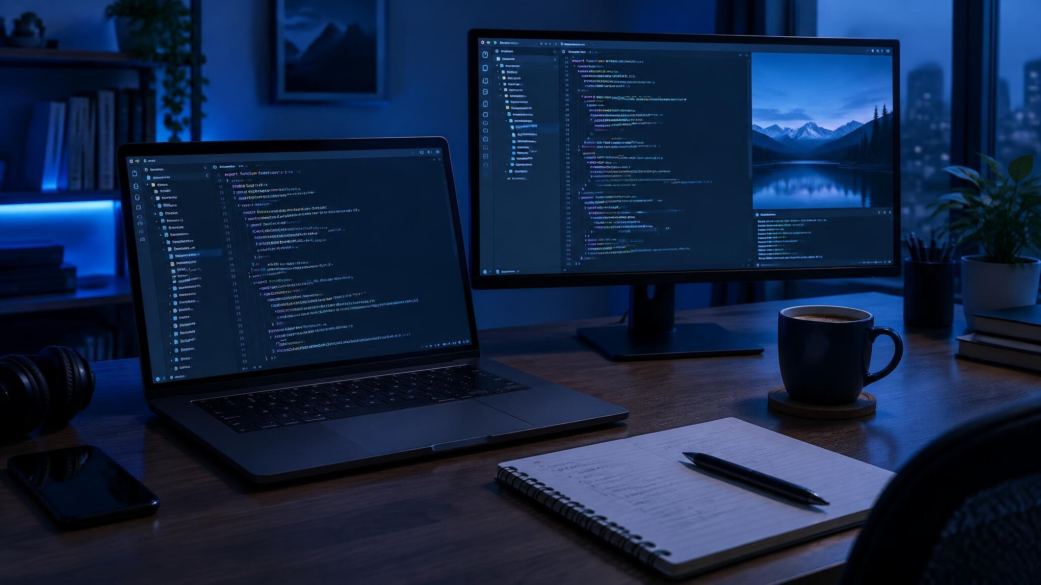 Developer working on laptop with code on screen